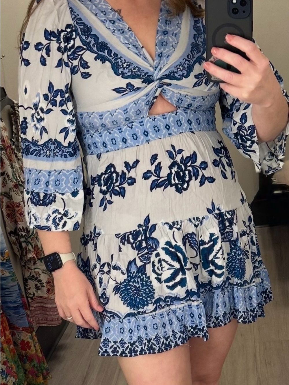 Angie White Mini Dress with Blue Floral Print and Tie Front